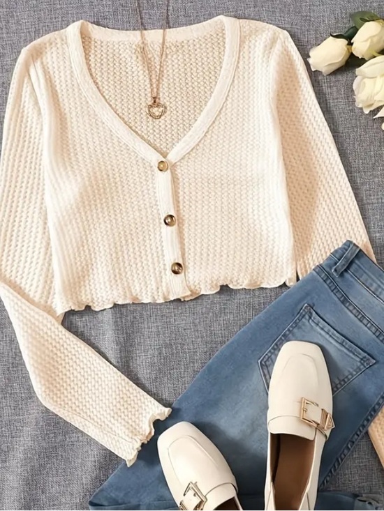 Sweaters - Cream V-Neck Cropped Knit Cardigan Sweater - Brand: